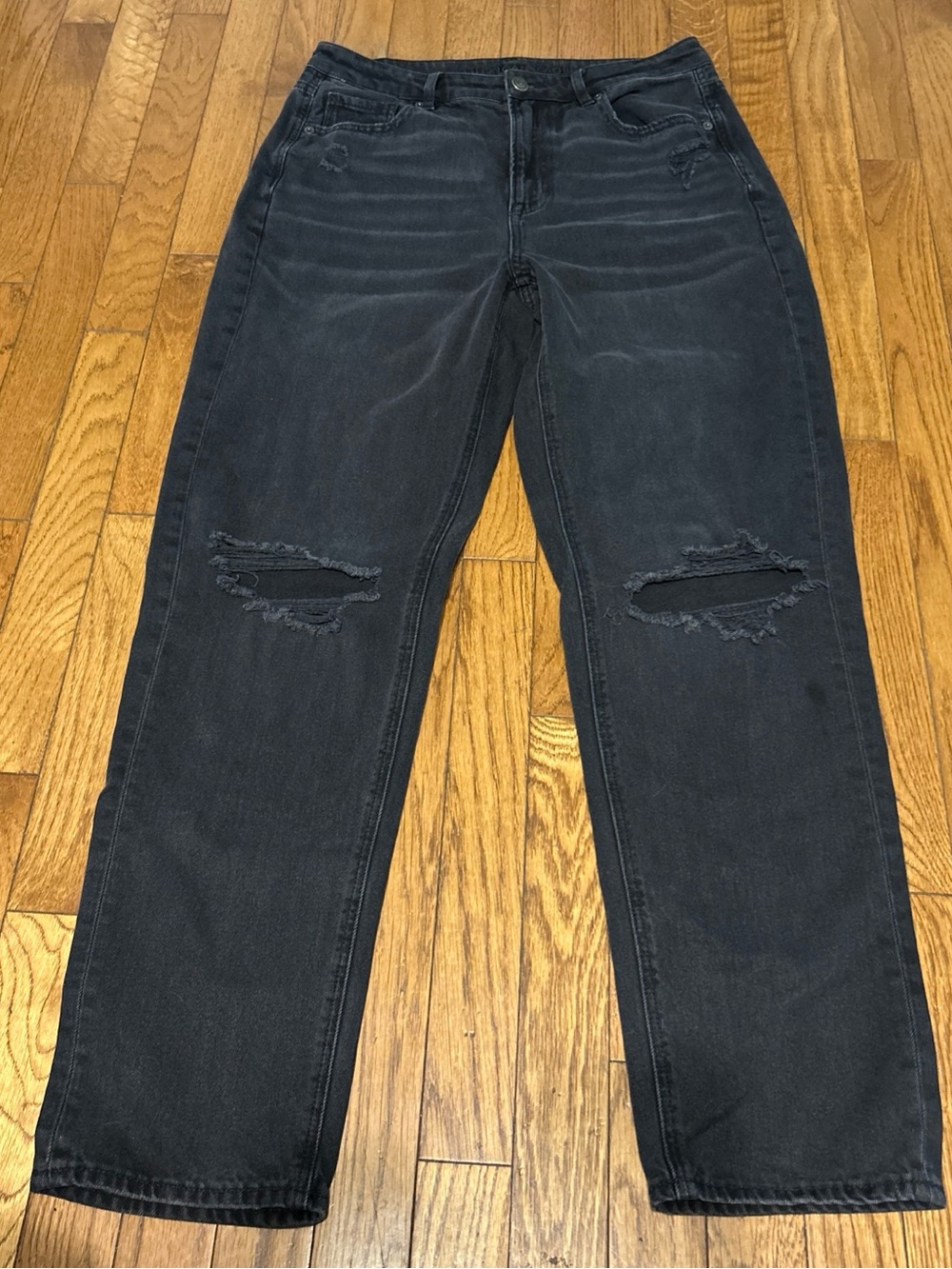 American Eagle Mom Straight Jeans Womens 10 Xlong Black Distressed High Rise